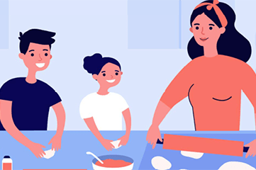 ilustración de niños cocinando con mamá