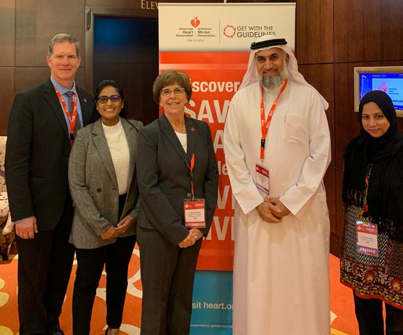 In 2019, MENASO partnered with the American Heart Association to improve stroke care in the Middle East and North Africa. From right, at that first meeting in Dubai, are stroke specialist and MENASO board member Dr. Maria Khan and Dr. Al Rukn, along with AHA International Quality Improvement Initiatives Director Louise Morgan; AHA Director of International Quality & Accreditation Puja Patel; and Keith Jansen, AHA former international vice president. (Photo courtesy of MENASO)
