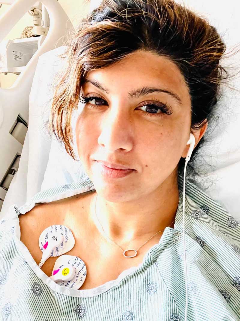 Priti Langer in the hospital. Langer needed to have stents placed to open up her artery to let blood flow normally. (Photo courtesy of Priti Langer)