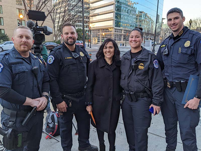 Delya Sommerville attended a ceremony to honor her rescuers. From left: Sgt. Corey Rogers, K-9 Tech Kevin Grebeck, Delya, Officer Mikayla Brower and Officer Kyle O'Keefe. (Photo courtesy of US Capitol Police)