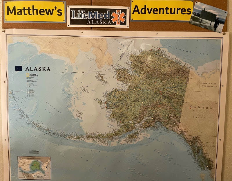 The pins represent the runways Matthew has flown into as a medevac for LifeMed Alaska. (Photo courtesy of Matthew Kuhns)