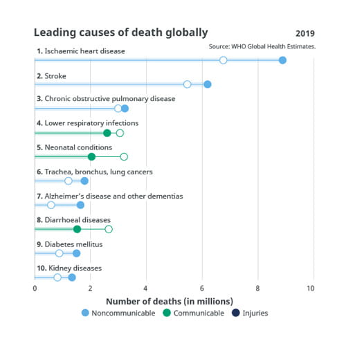 Gráfico que muestra las principales causas de muerte a nivel mundial Fuente: WHO Global Health Estimates, 2019.