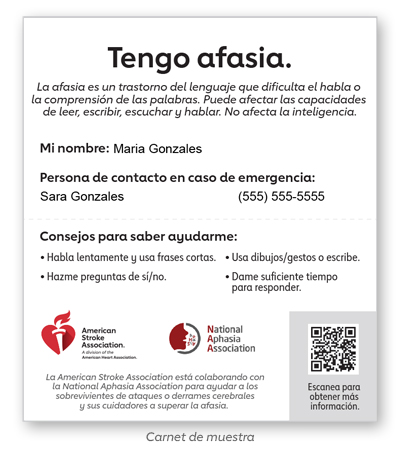 El carnet de afasia con información de contacto de muestra