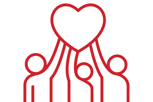 three people holding a heart icon